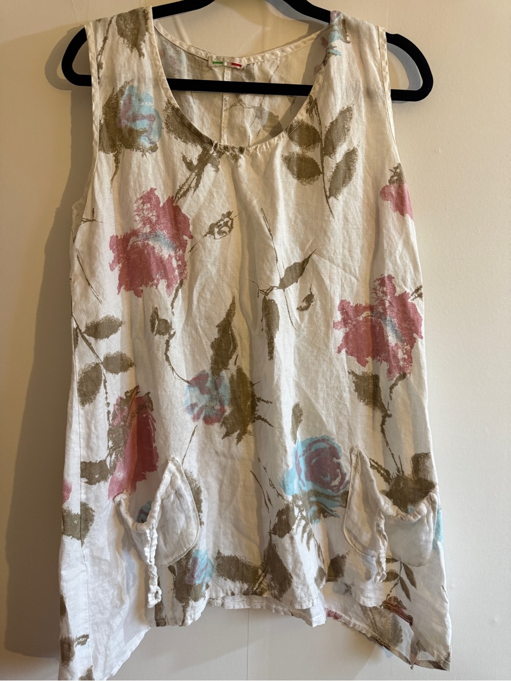 Italian Linen Floral Tunic Top One Size White Pink Blue Roses Pockets L/XL